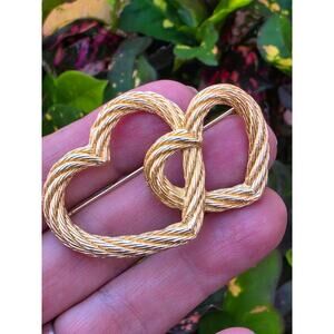 Vintage Christian Dior Dual or Double Heart Gold Tone Brooch Signed Chr Dior